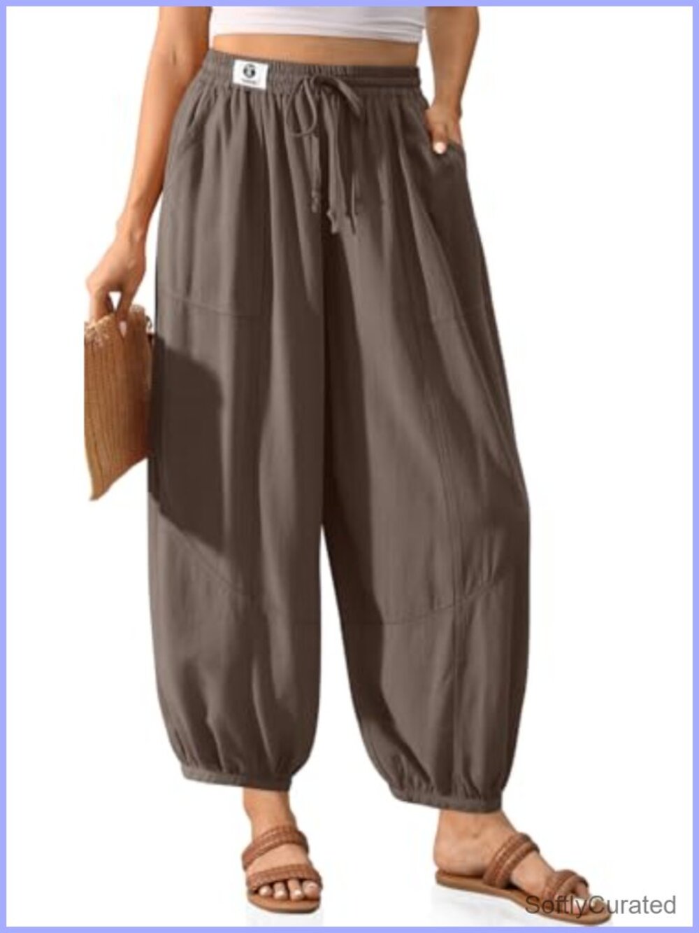 Linen Blend Wide Leg Palazzo Pants Elastic Waist Pockets Cropped